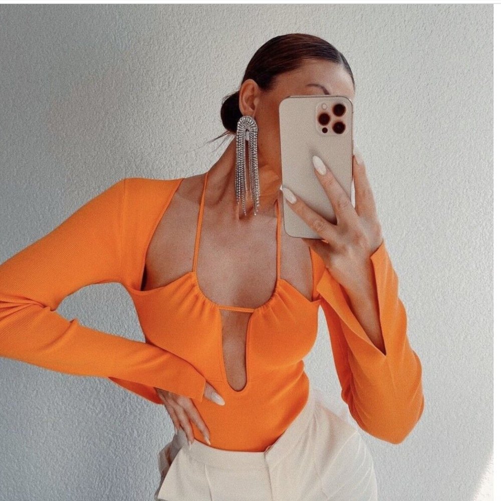 ZARA WOMAN ORANGE STRETCH CUT OUT KNIT BODYSUIT - Picture 5 of 16